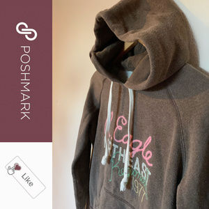 Vintage American Eagle Hoodie Heather Brown Sweatshirt Graphic Embroidered Gold